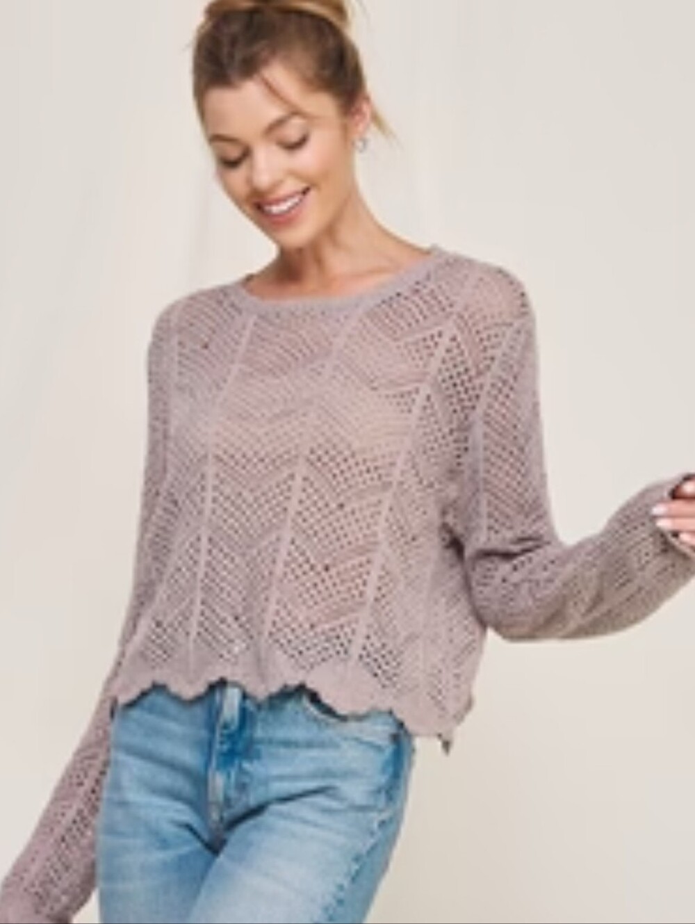 Allie Rose River Chevron Open Knit Sweater Top In Taupe